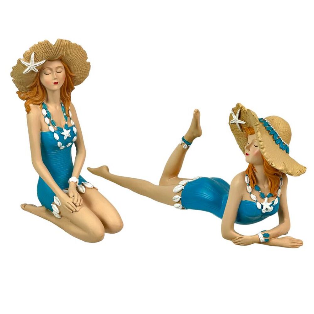 Set of 2 Beach Beauties Figurines Aegean Blue Sunbathing Coastal Decor